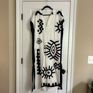 White and black linen embroidered Greek Archaic Kori kaftan